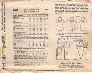 1960's McCall's Sheath or Fit and Flare Dress Pattern with Inset Sleeves - Bust 38" - No. 6072