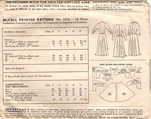 1940's McCall One Piece Dress Pattern with Button Front and 3/4 sleeve - Bust 31" - No.  7370