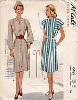 1940's McCall Button Up Dress with Square Set Sleeves in Two Lengths - Bust 36" - No. 6427