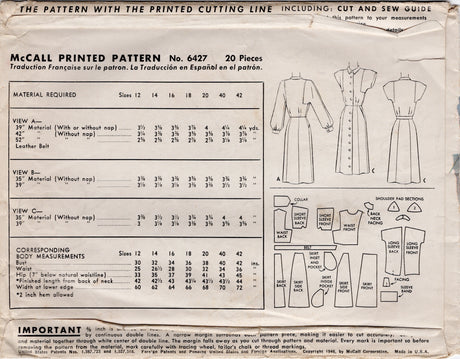 1940's McCall Button Up Dress with Square Set Sleeves in Two Lengths - Bust 36" - No. 6427