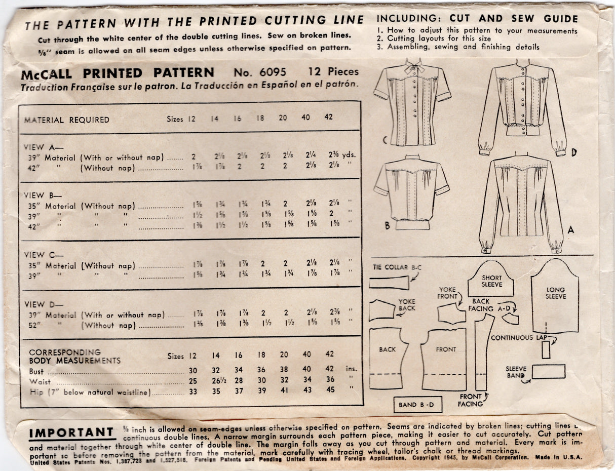 1940's McCall Button Up Blouse with Large Yoke and Pin Tucks - Bust 36" - No. 6095