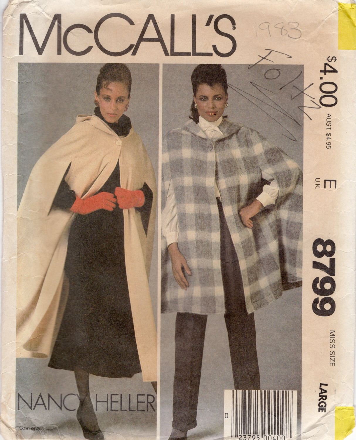 1980's McCall's Hooded Cape Pattern - Bust 40-42" - No. 8799