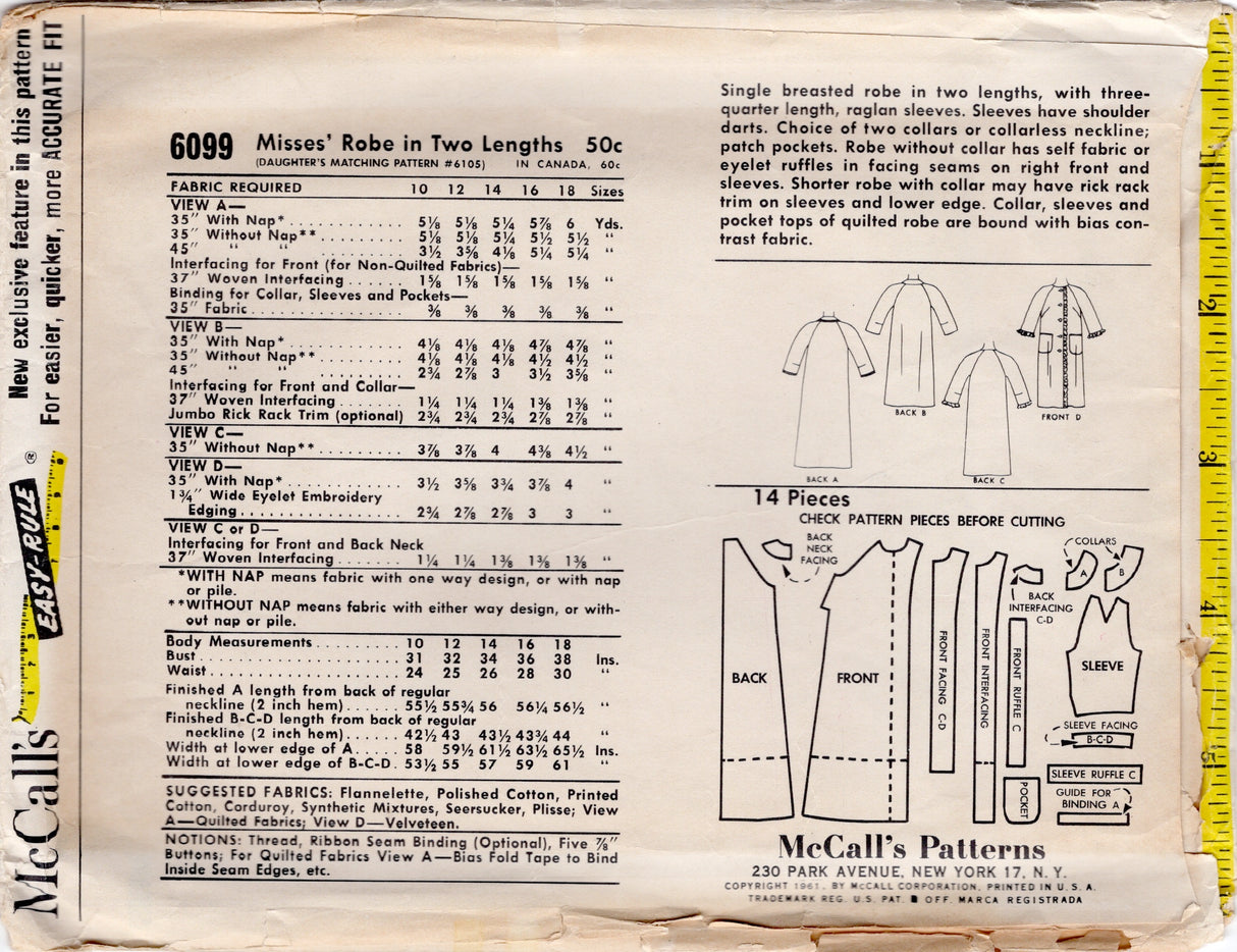 1960's McCall's "Easy to Sew" Robe Pattern - Bust 38" - No. 6099