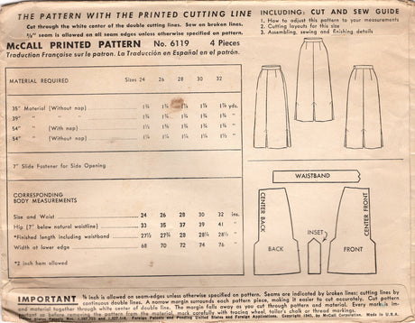 1940's McCall Straight Skirt Pattern - Waist 28" - No. 6119