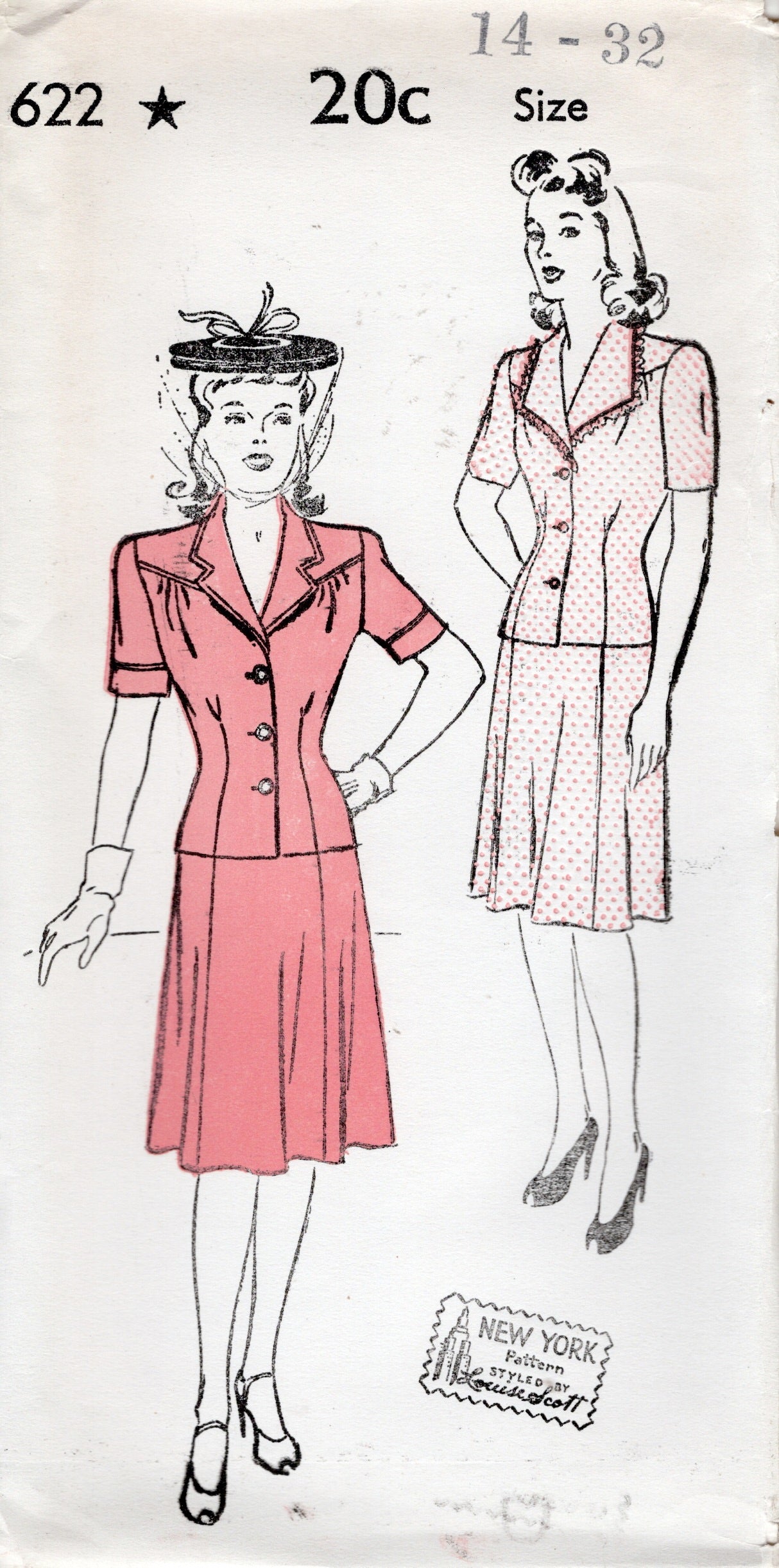 1940's New York Two Piece Suit Dress with Yoked Shoulders and 6 gore Pattern - Bust 32-36" - No. 622