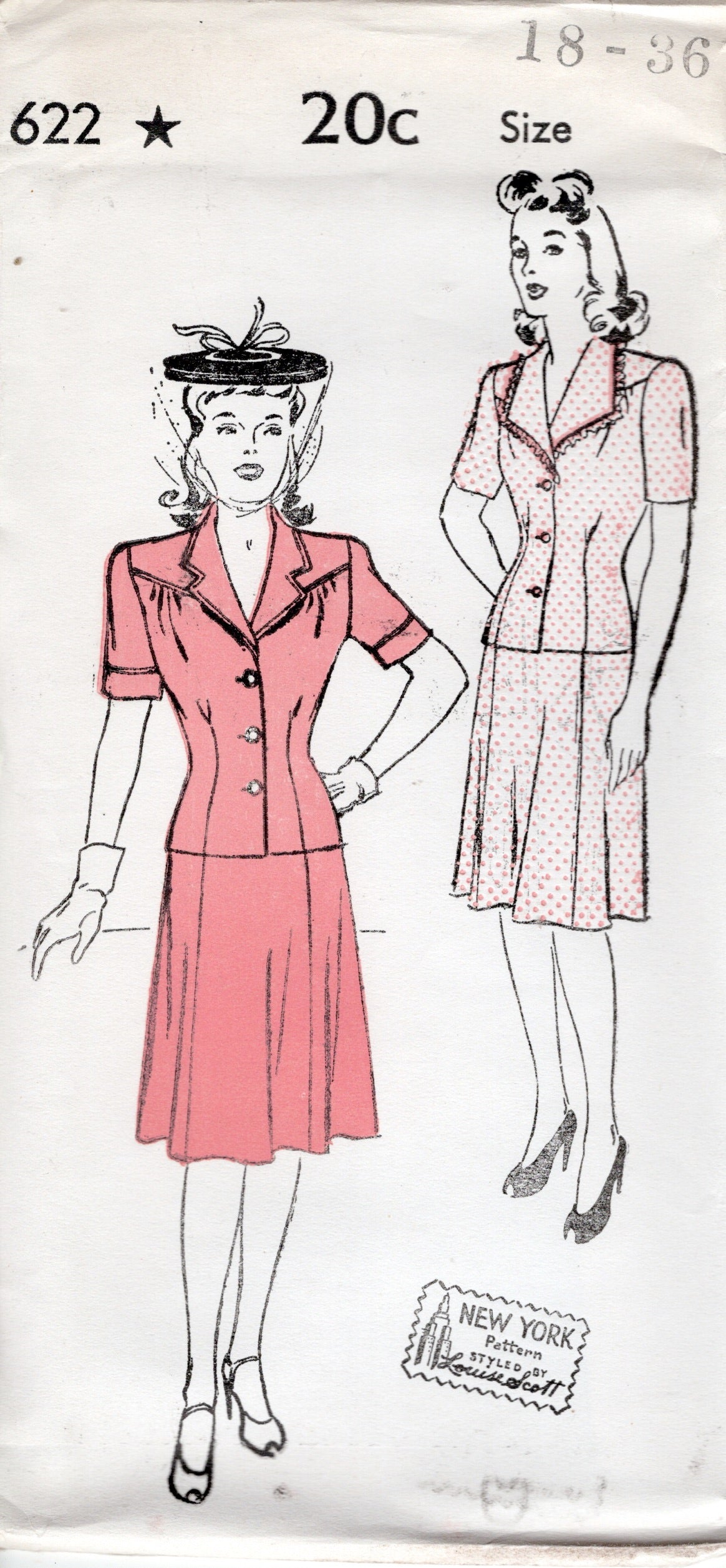 1940's New York Two Piece Suit Dress with Yoked Shoulders and 6 gore Pattern - Bust 32-36" - No. 622