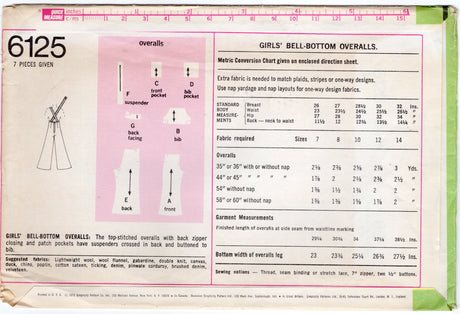 1970's SImplicity Child's Bell Bottom Overalls Pattern - Chest 28.5"  - No. 6125