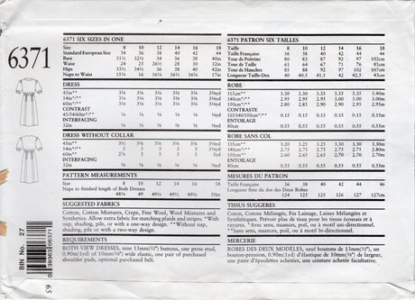 1980's New Look Double Breasted Shirtwaist Dress Pattern - Bust 31.5-40" - No. 6371