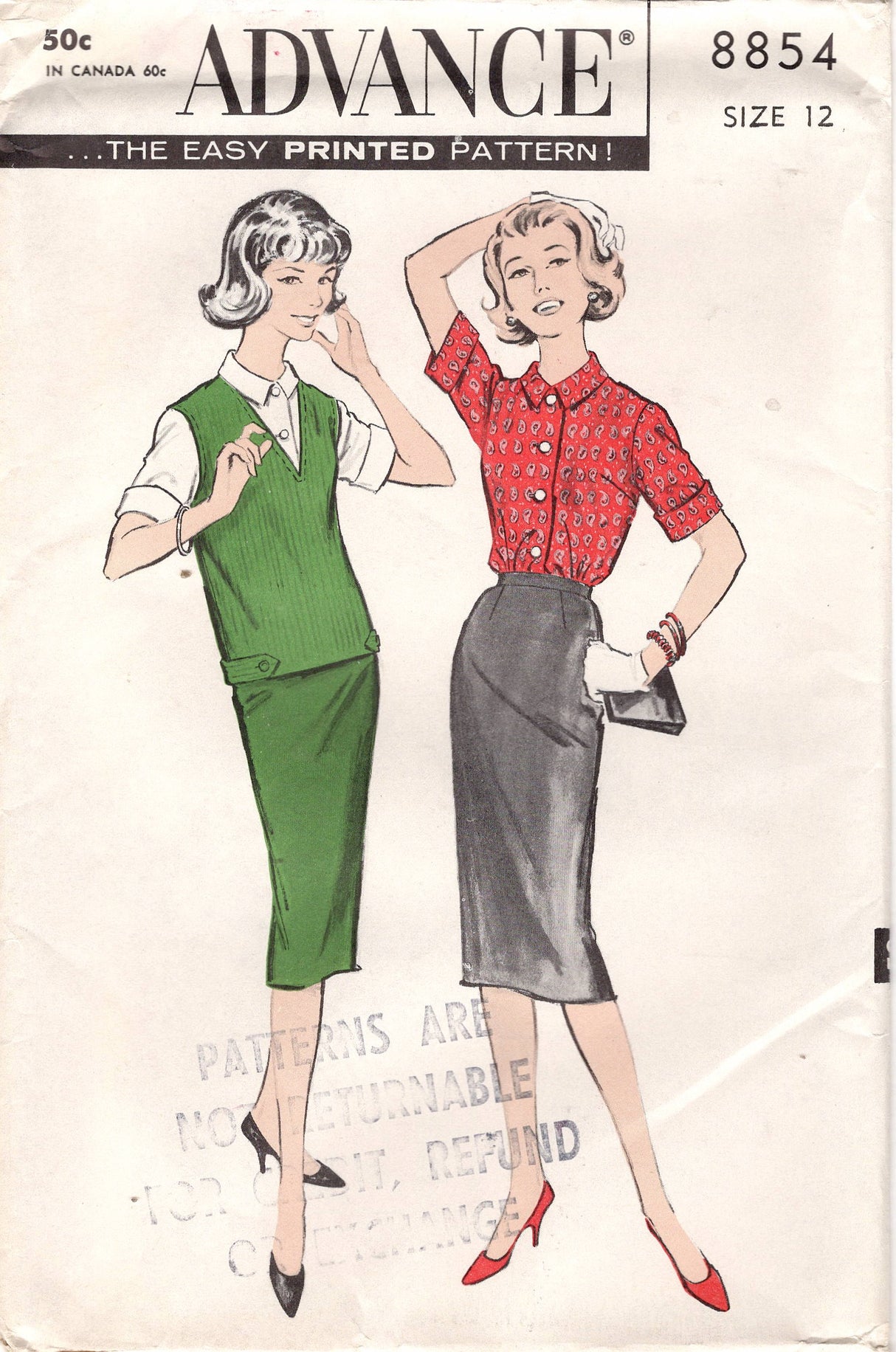 1950's Advance Button Up Blouse, Slim Skirt and Pullover Jerkin Pattern- Bust 32" - No. 8854