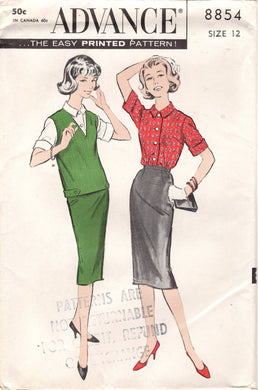 1950's Advance Button Up Blouse, Slim Skirt and Pullover Jerkin Pattern- Bust 32