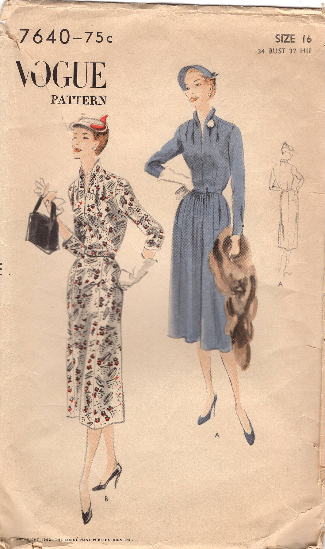 1950's Vogue One Piece Dress with Two style of Skirts and Tucked Shoulders - Bust 34