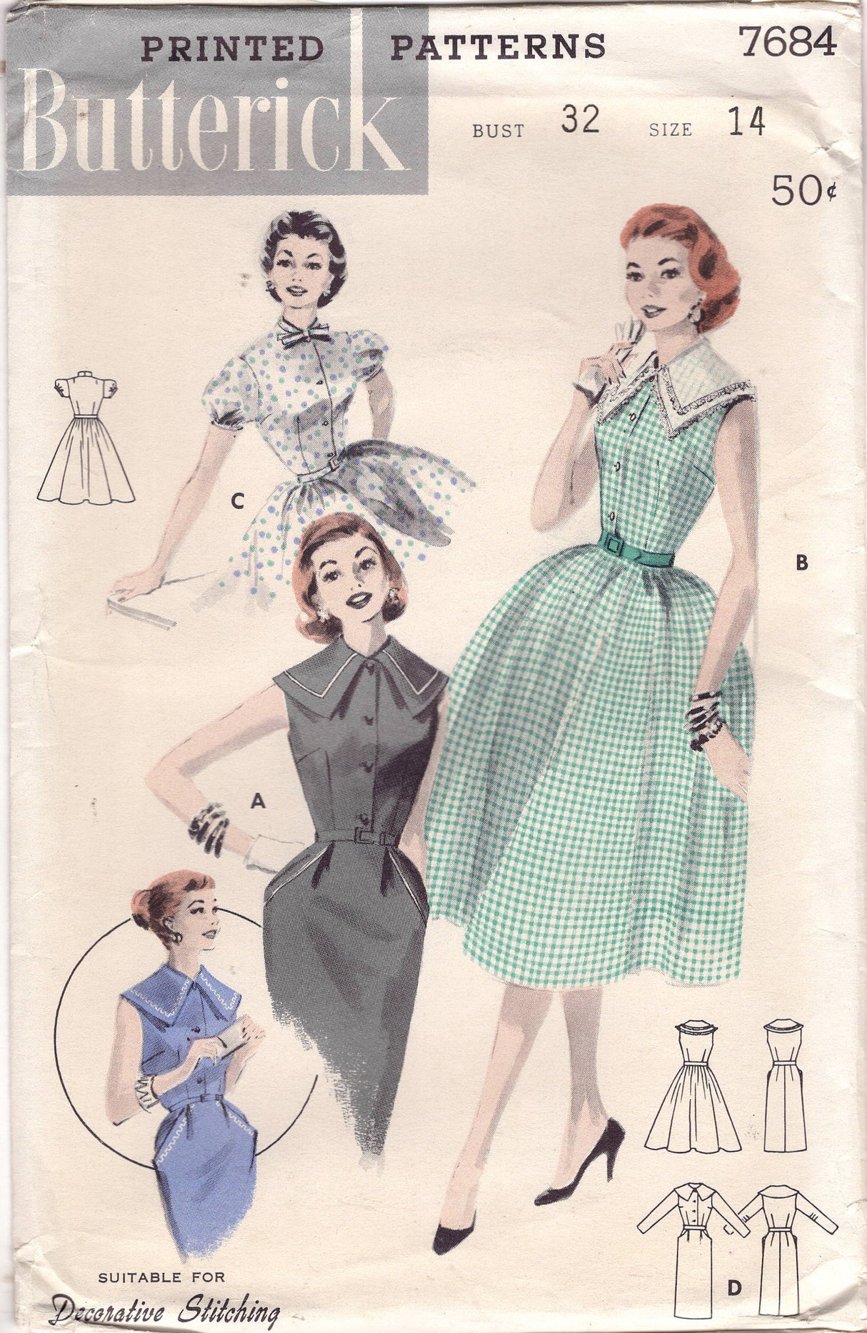 1950's Butterick Shirtwaist Dress Pattern with a Puff Sleeve or Sleeveless - Bust 32" - No. 7684