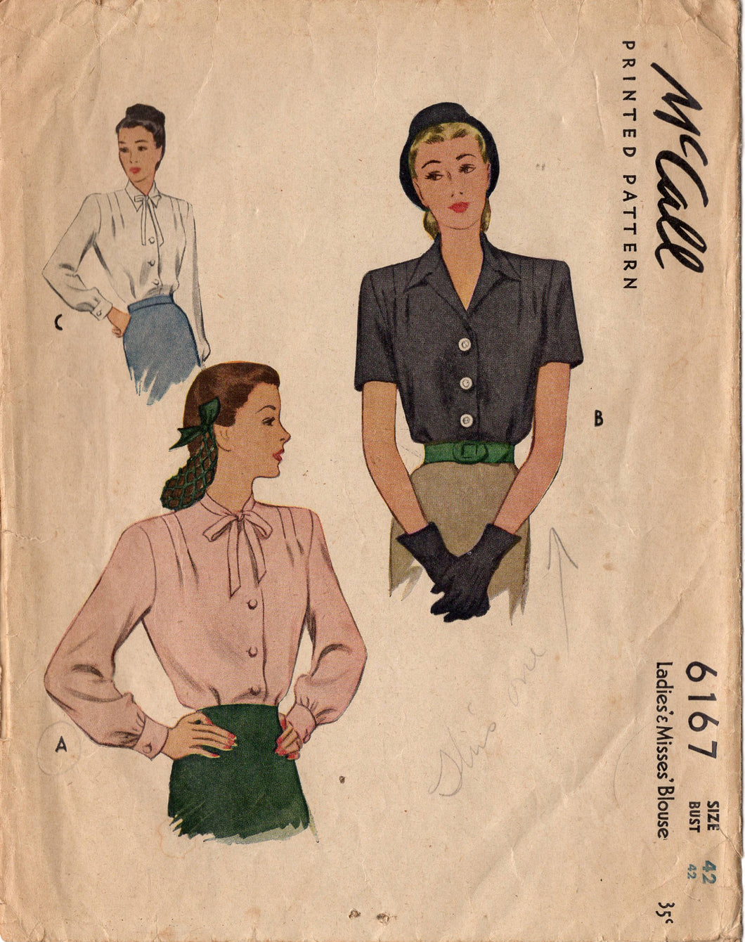 1940's McCall Button Up Blouse pattern with Tucked Shoulders - Bust 42