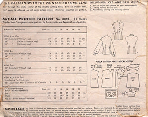 1950's McCall Button Up Blouse pattern with Rounded collar - Bust 34" - No. 8062