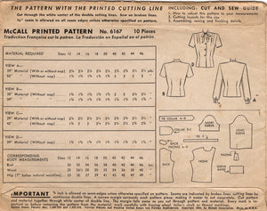 1940's McCall Button Up Blouse pattern with Tucked Shoulders - Bust 42" - No. 6167