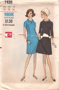 1960's Vogue One Piece Shift Dress with Wide Mandarin Collar and Short or 3/4 Sleeves - Bust 34" - No. 7435