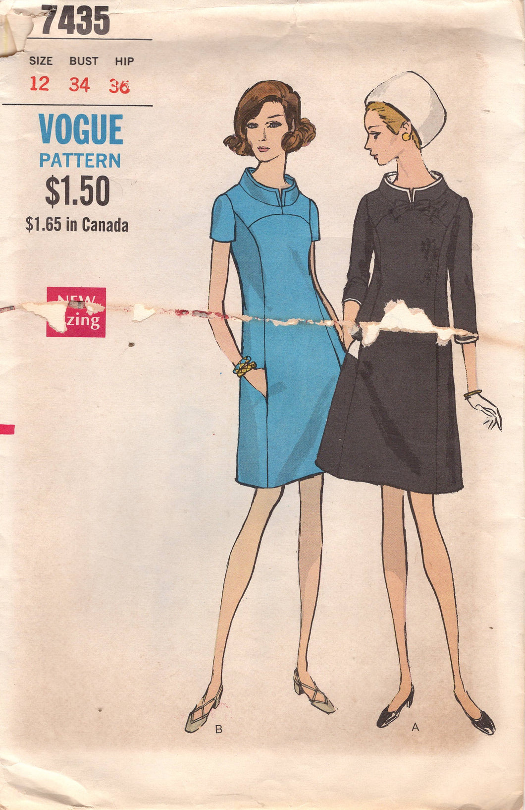 1960's Vogue One Piece Shift Dress with Wide Mandarin Collar and Short or 3/4 Sleeves - Bust 34