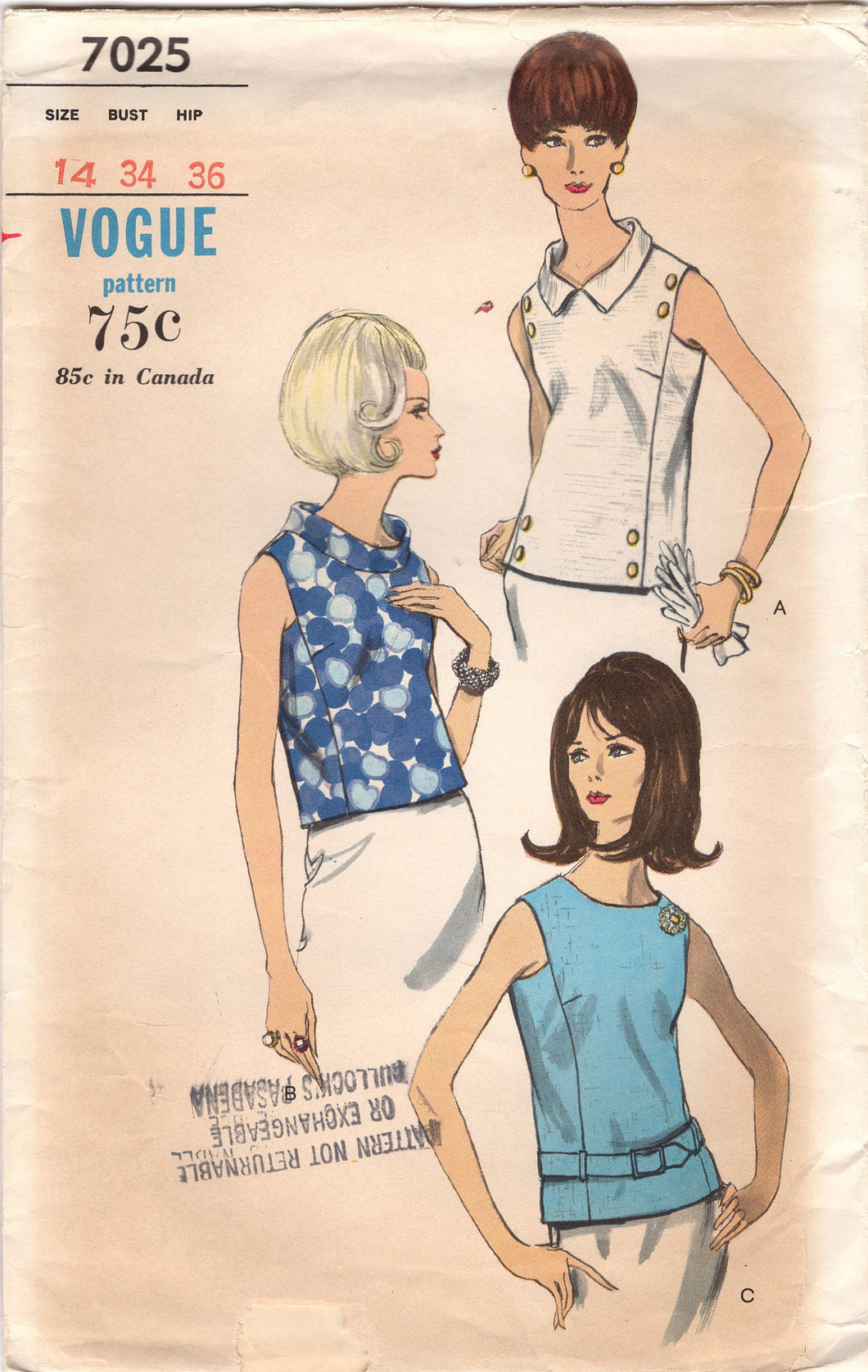 1960's Vogue Over-Blouse with Standing Collar and Belt - Bust 34