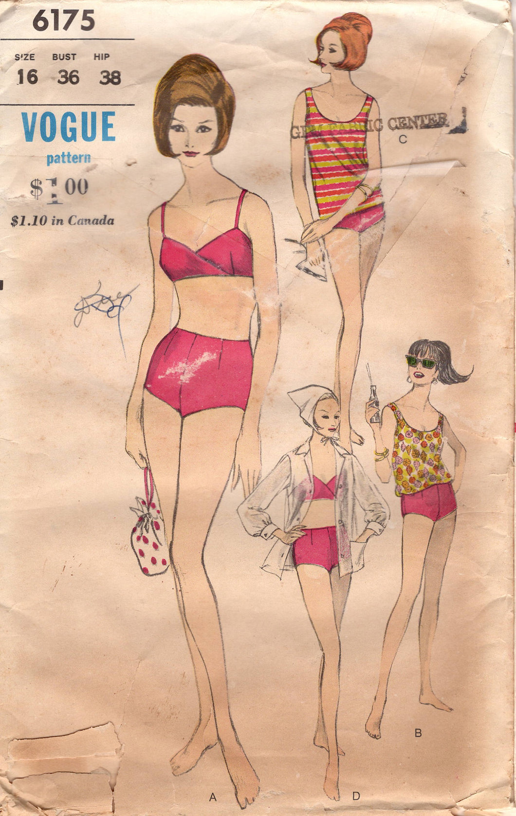 1960's Vogue Two Piece Swimsuit, Overblouse and Button Up Shirt  - Bust 36
