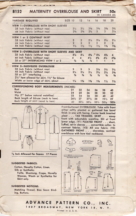 1950's Advance Maternity Overblouse and Slim Skirt Pattern - Bust 31" - No. 8152