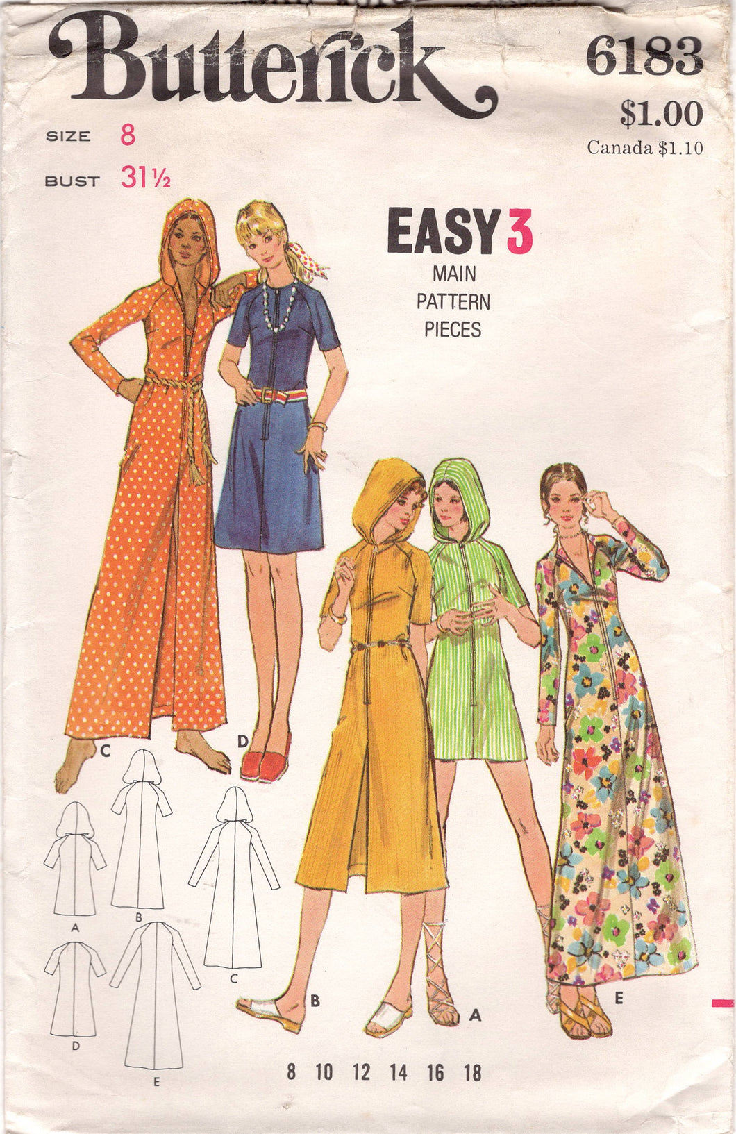 1970's Butterick Zip Front Hooded Cover Up Pattern - Bust 31.5