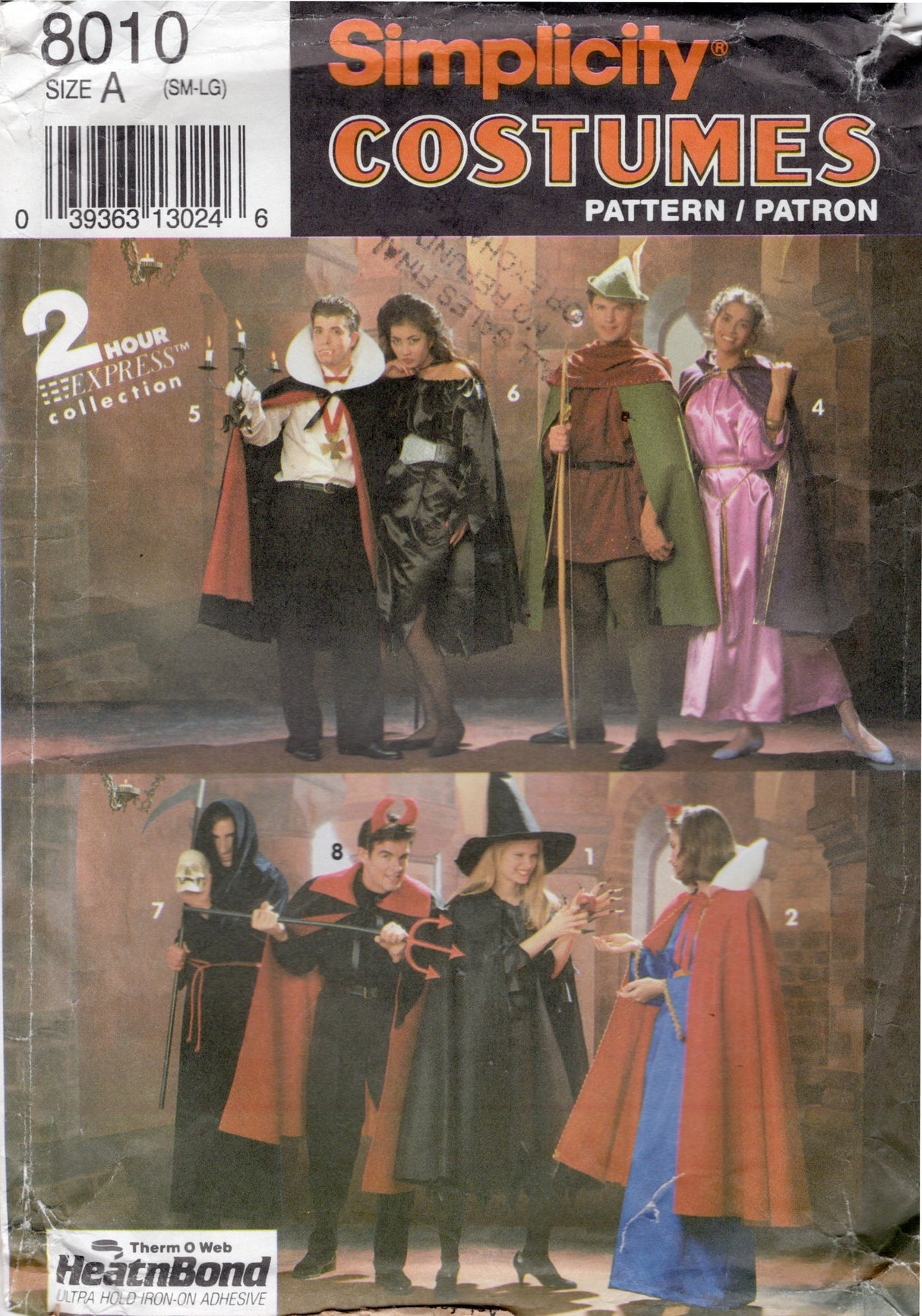 1990's Simplicity Dracula, Vampire, Robin Hood, Maid Marion, Snow White, Witch and Death Costume - Chest or Bust 34-44" - No. 8010