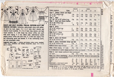 1960's Simplicity Colonial, Frontier and Puritan Costume Dress Pattern - Chest 26" - No. 6205