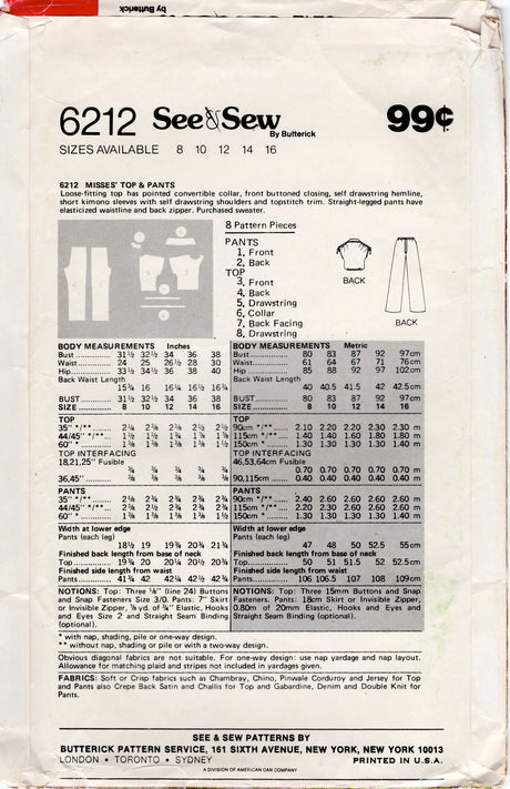 1980's See & Sew Loose Fitting Blouse and Pants Pattern - Bust 36" - No. 6212