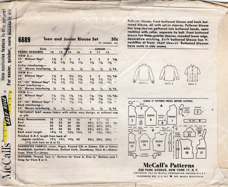 1960's McCall's Button Up Blouse Pattern in Three Styles - Bust 36" - No. 6889