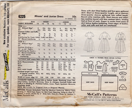 1960's McCall's Shirtwaist Dress Pattern with Gathered Skirt - Bust 36" - No. 6225