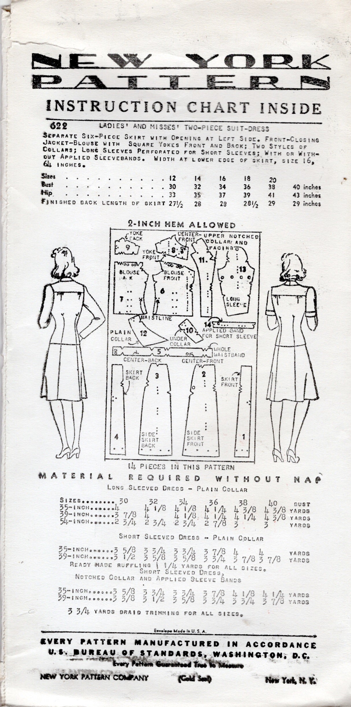 1940's New York Two Piece Suit Dress with Yoked Shoulders and 6 gore Pattern - Bust 32-36" - No. 622