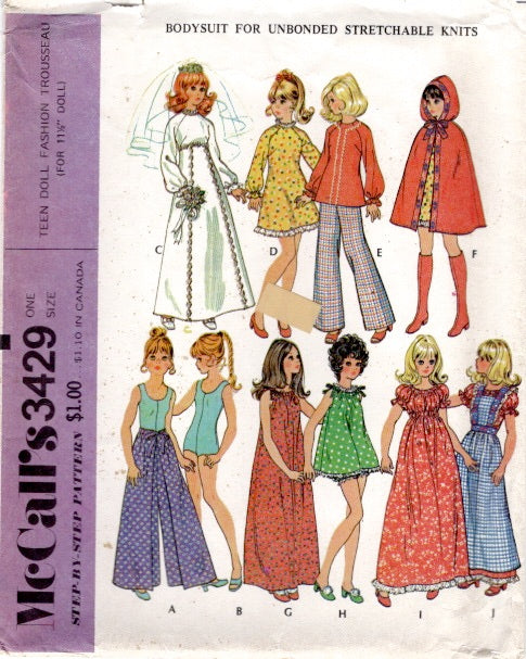 1970's McCall's Cape, Bodysuit, Peasant Dress, Wedding Dress and Pinafore Dress Doll Clothes pattern - 11.5" doll - No. 3429