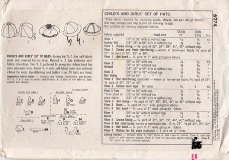 1960's Simplicity Child's Hat, Tam, Helmet and Jockey Cap Pattern - OS- No. 6274