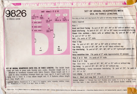 1970's Simplicity Veil and Juliet Cap Pattern - OS- No. 9826