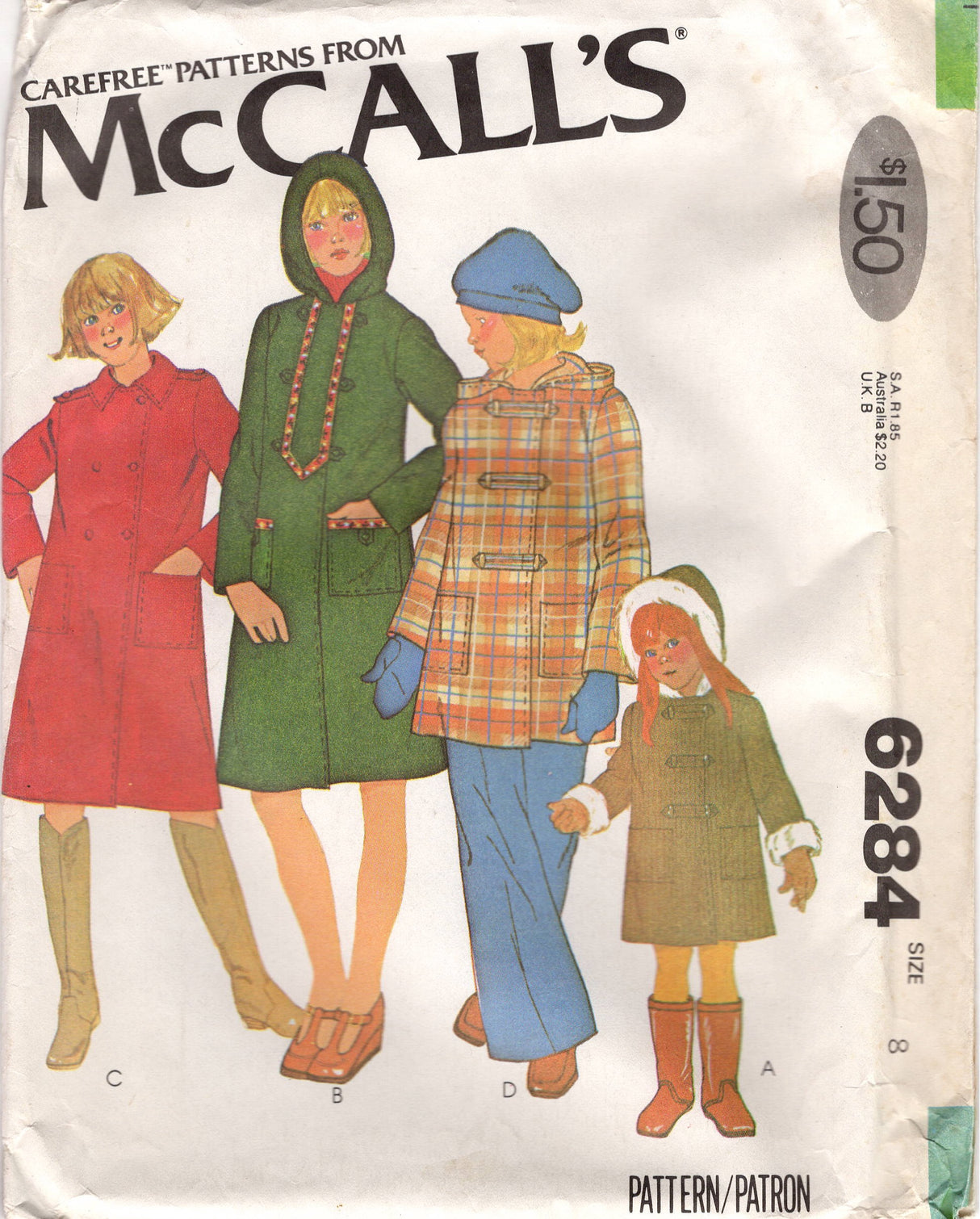 1970's McCall's Child's Coat Pattern with or without Hood - Size 8 - Chest 27" - No. 6284