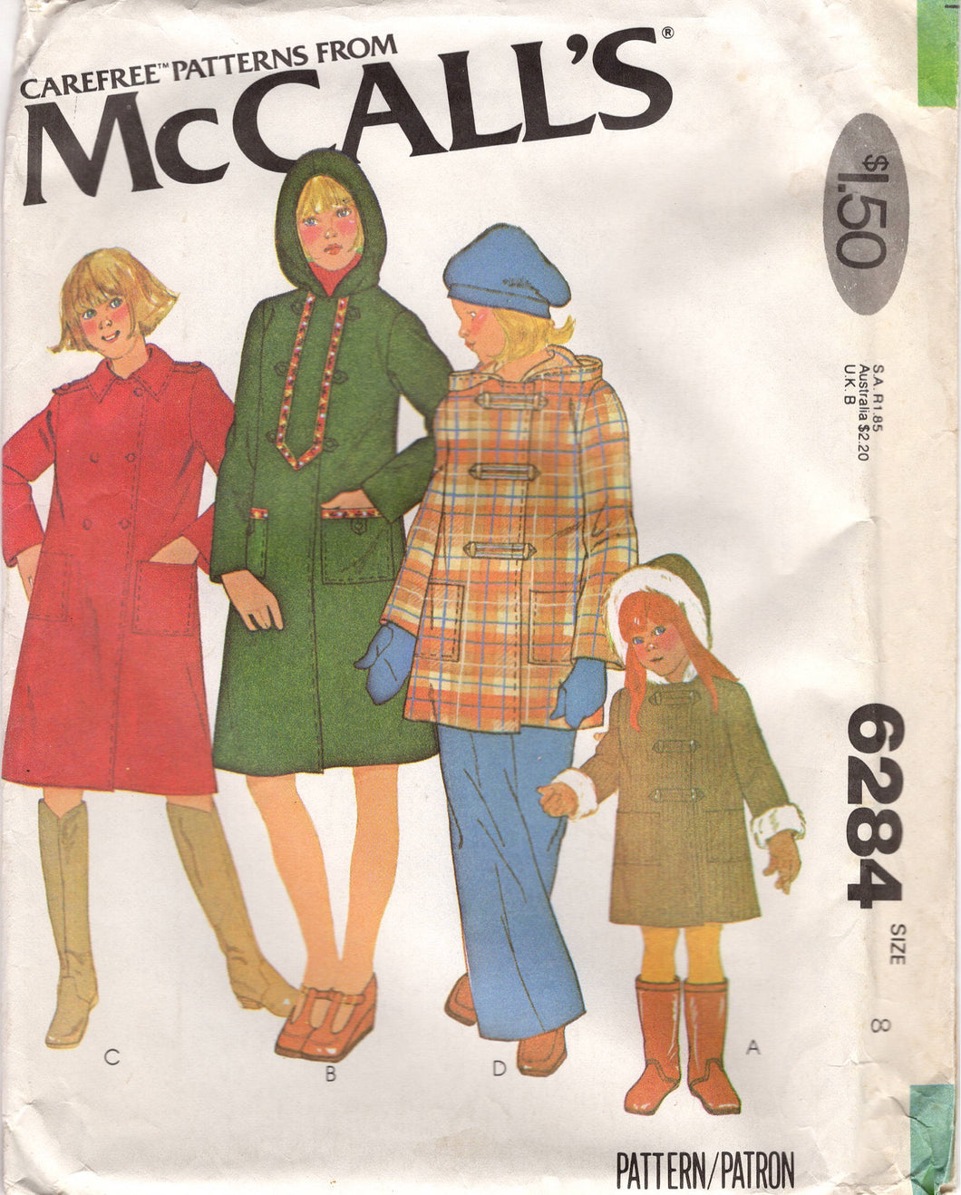 1970's McCall's Child's Coat Pattern with or without Hood - Size 8 - Chest 27