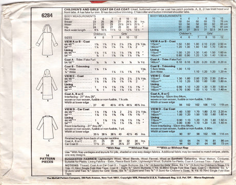 1970's McCall's Child's Coat Pattern with or without Hood - Size 8 - Chest 27" - No. 6284