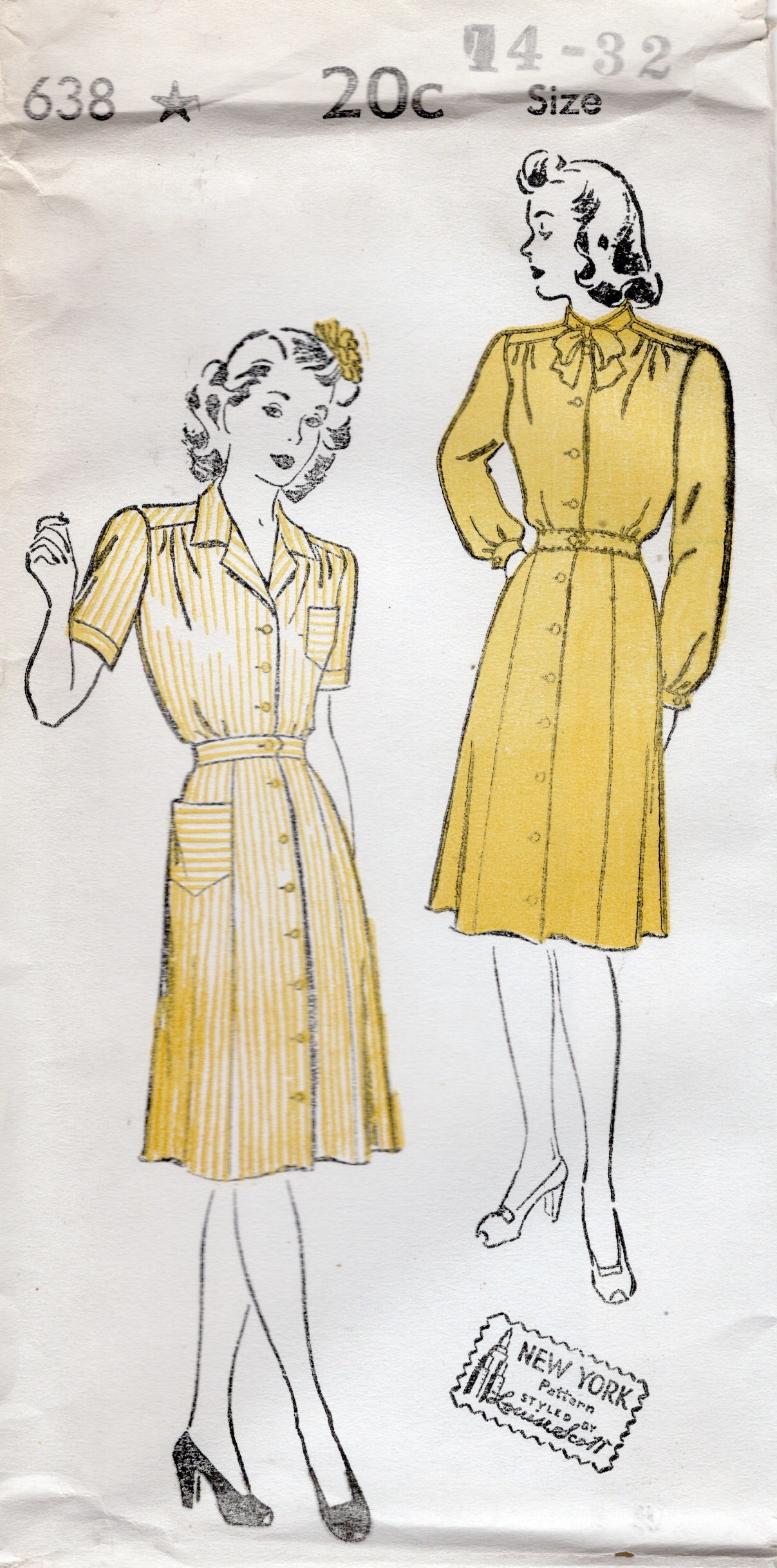 1940's New York Button Up Shirtwaist Dress Pattern with Regular Collar or Pussy Bow Collar - Bust 32-40" - No. 638