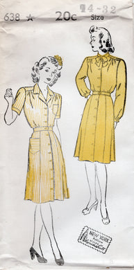 1940's New York Button Up Shirtwaist Dress Pattern with Regular Collar or Pussy Bow Collar - Bust 32-40