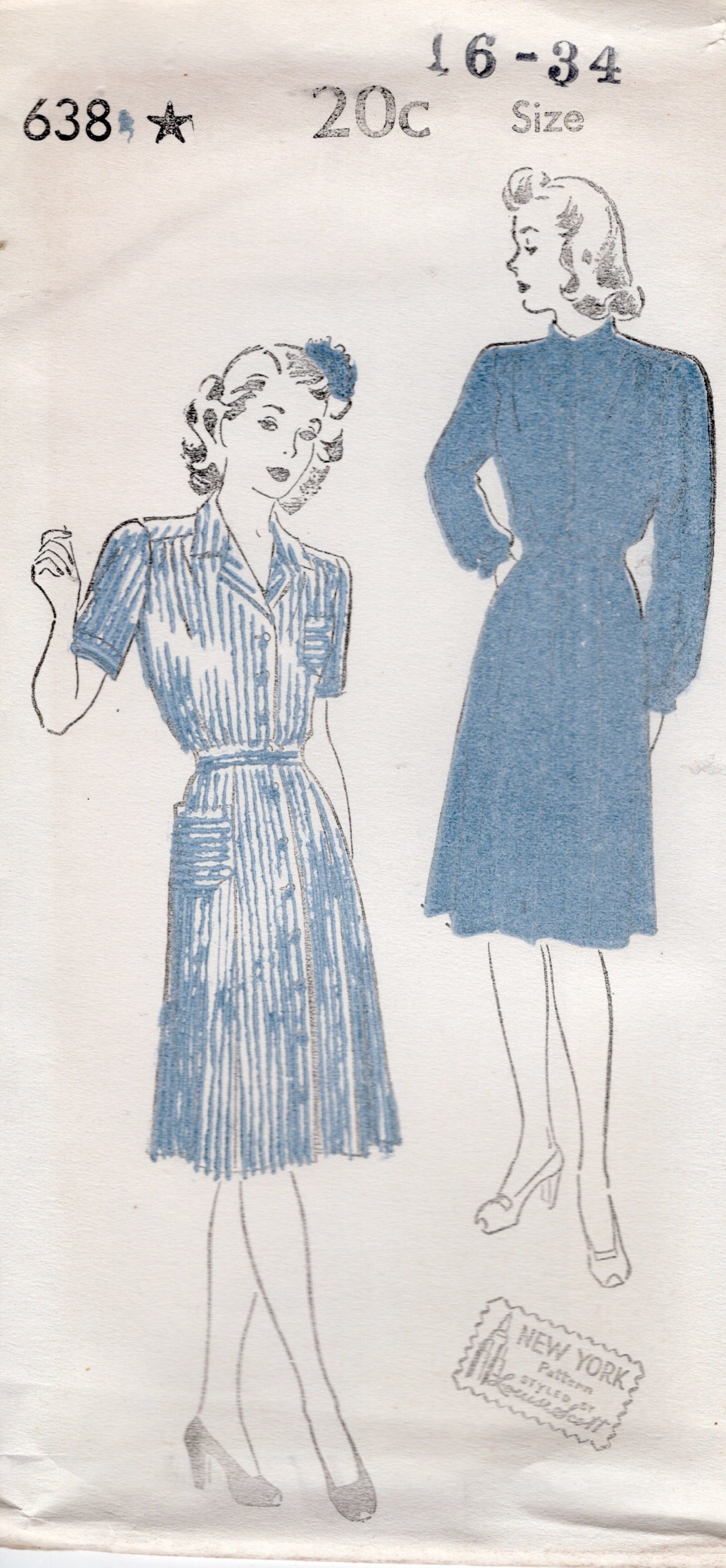 1940's New York Button Up Shirtwaist Dress Pattern with Regular Collar or Pussy Bow Collar - Bust 32-40" - No. 638