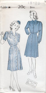 1940's New York Button Up Shirtwaist Dress Pattern with Regular Collar or Pussy Bow Collar - Bust 32-40" - No. 638