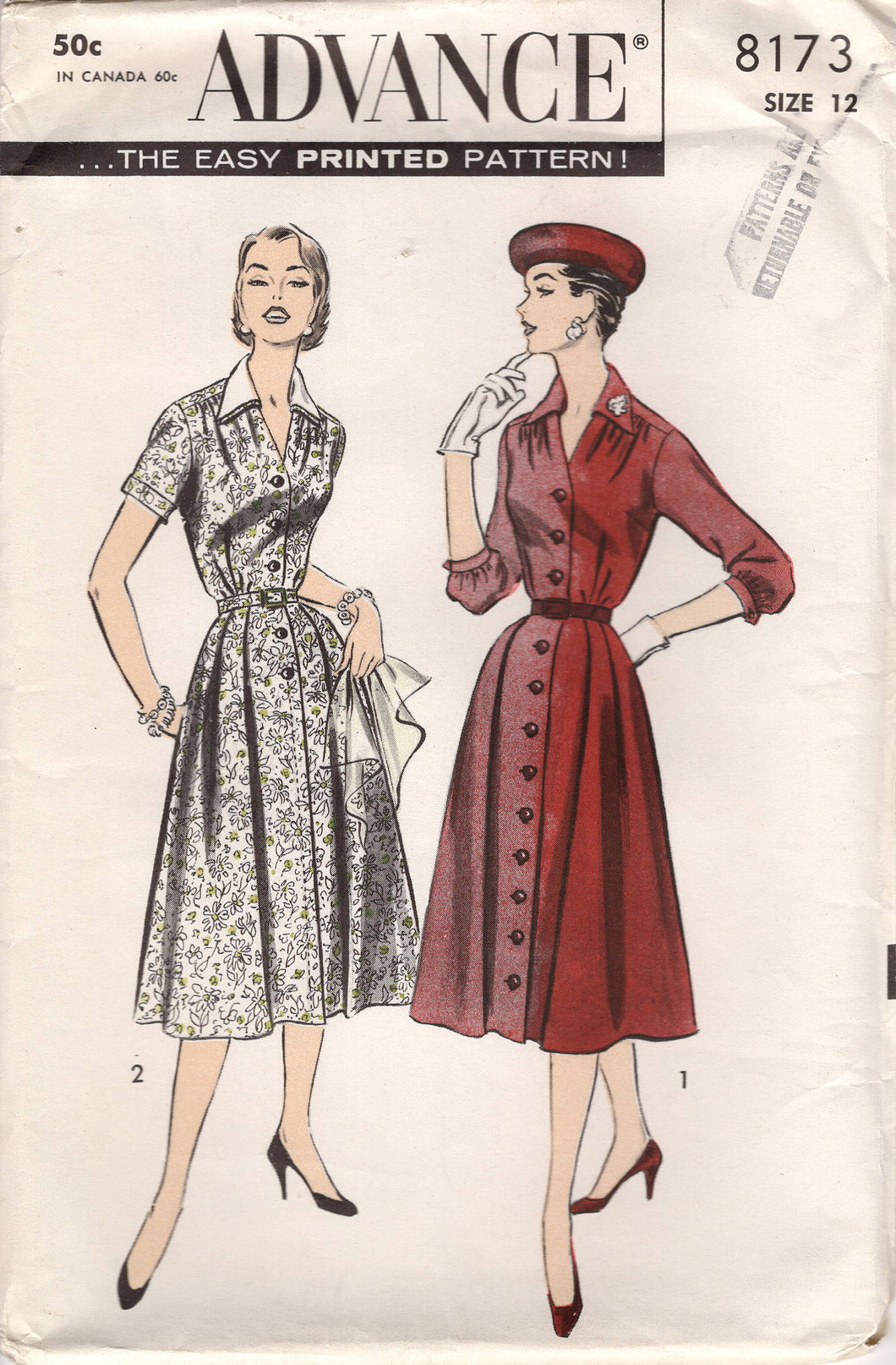 1950's Advance Button Up Collared Dress Pattern - Bust 32