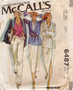 1970's McCall's Lined Jacket, Wrap Skirt and High Waisted pants pattern - Bust 36" - No. 6487
