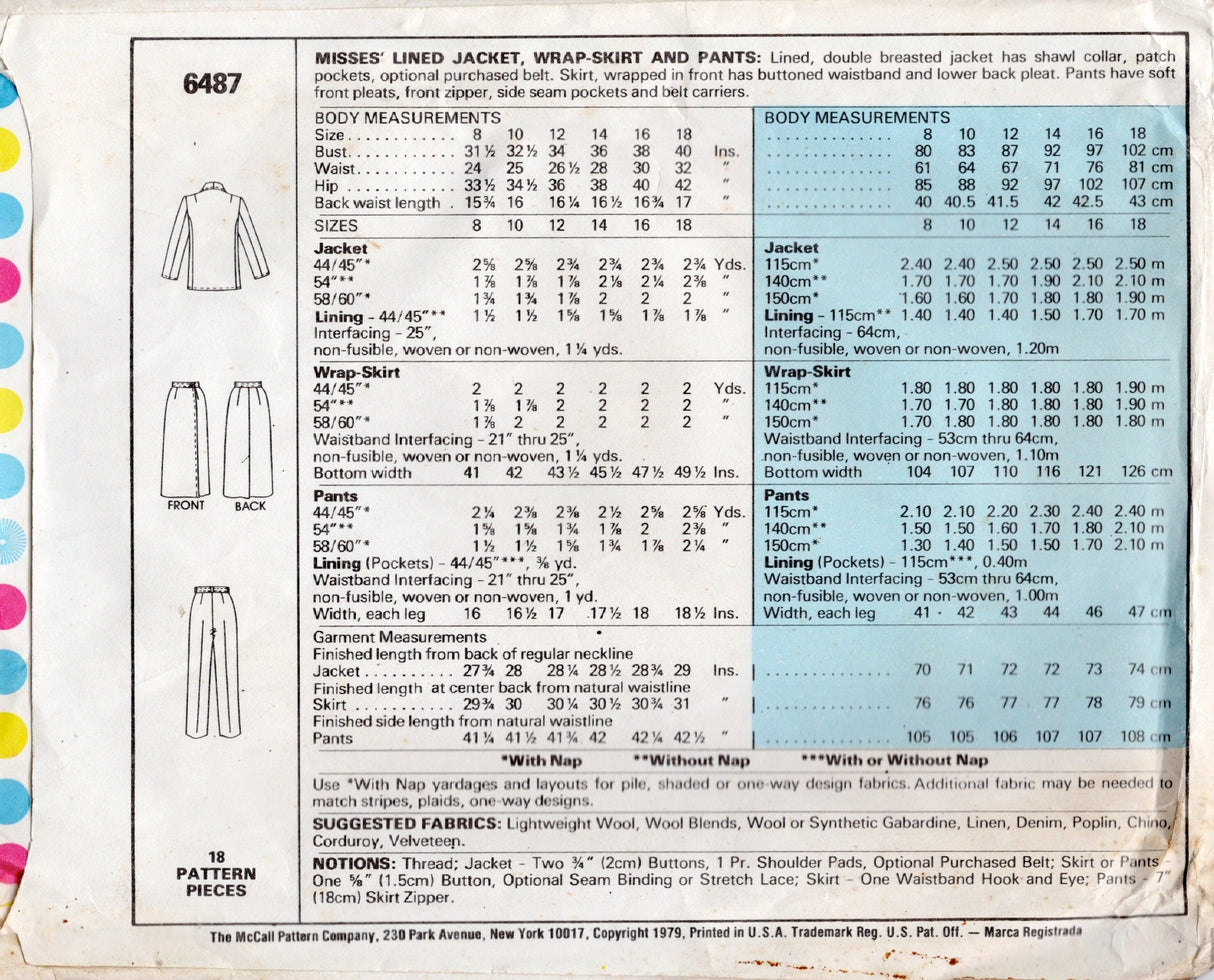 1970's McCall's Lined Jacket, Wrap Skirt and High Waisted pants pattern - Bust 36" - No. 6487