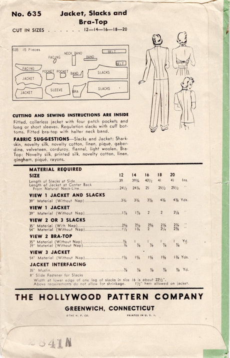 1940’s Hollywood Bra Top and Collarless Suit Pattern - Bust 34”-  No. 635