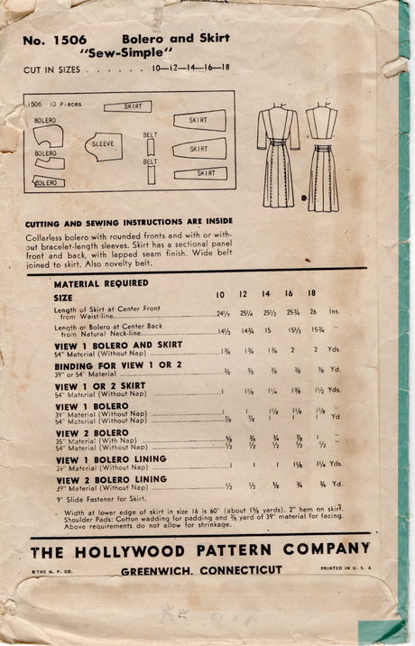 1940's Hollywood Bolero and Skirt Set Pattern - Bust 34" - No. 1506
