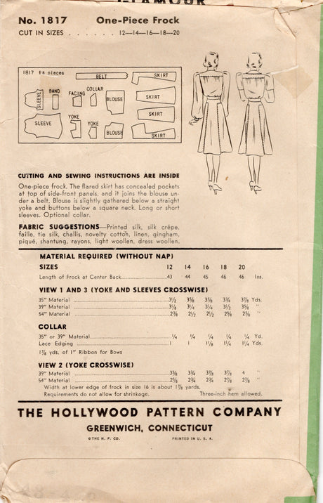 1940's Hollywood Yoked Shirtwaist Dress Pattern - Bust 38" - No. 1817
