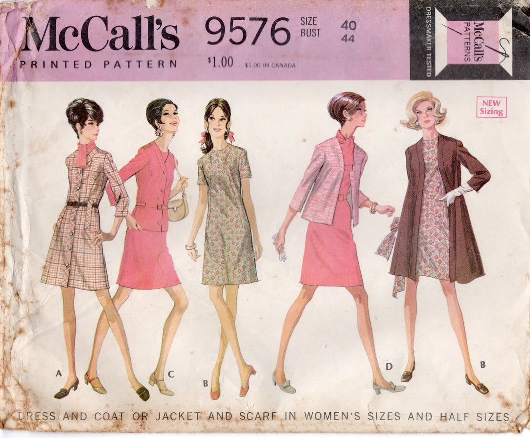 1960's McCall's Button Up Dress and Coat or Jacket and Scarf Pattern - Bust 44
