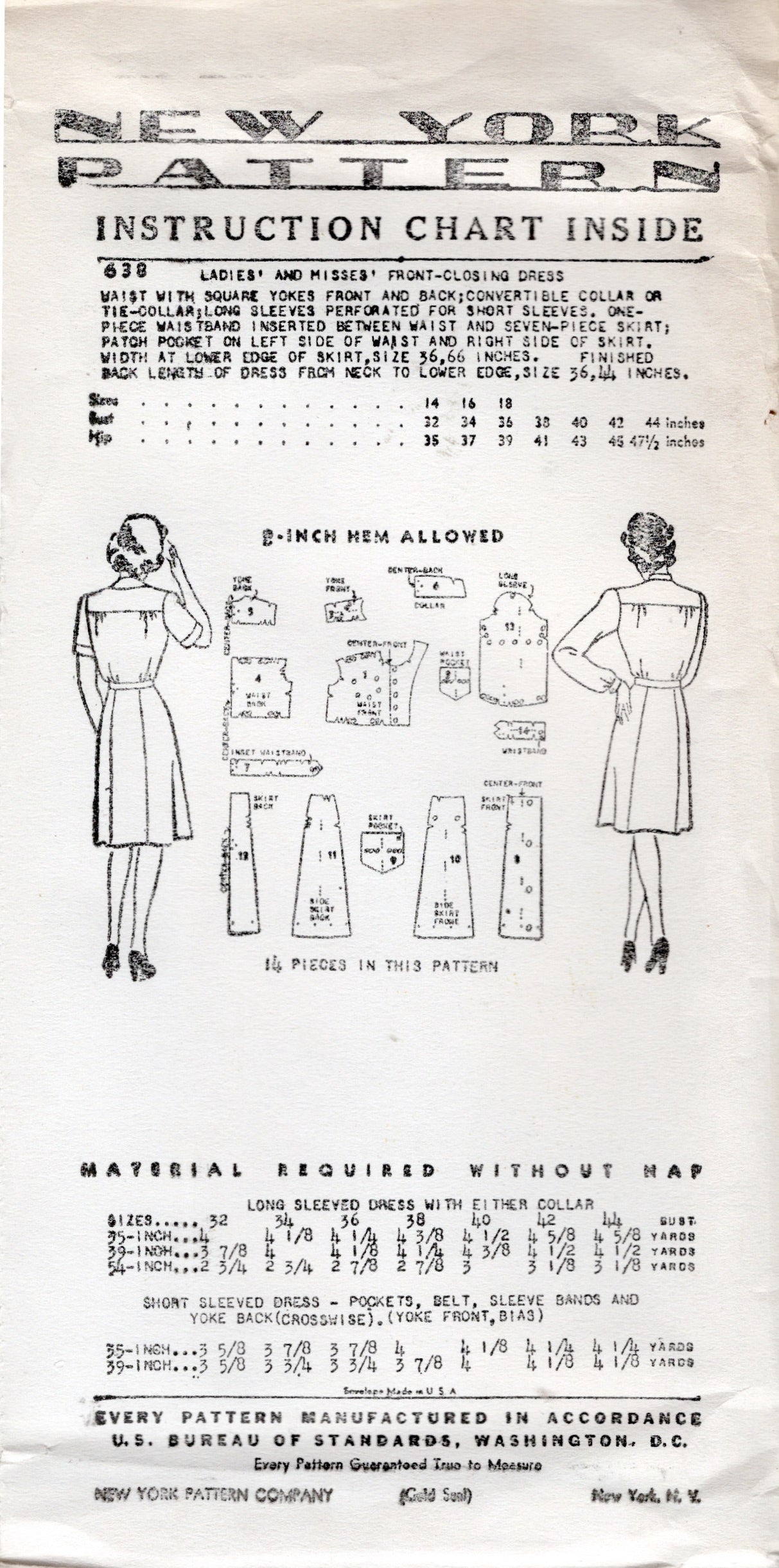 1940's New York Button Up Shirtwaist Dress Pattern with Regular Collar or Pussy Bow Collar - Bust 32-40" - No. 638