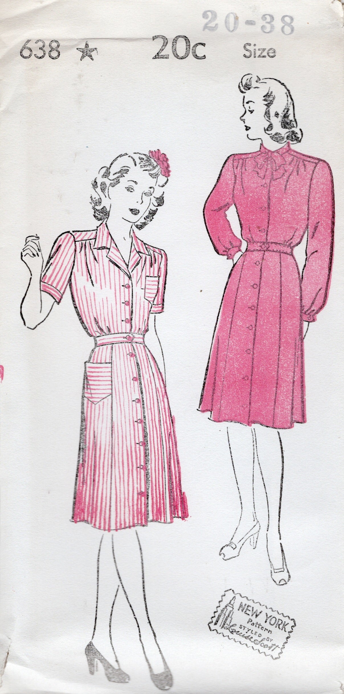 1940's New York Button Up Shirtwaist Dress Pattern with Regular Collar or Pussy Bow Collar - Bust 32-40" - No. 638